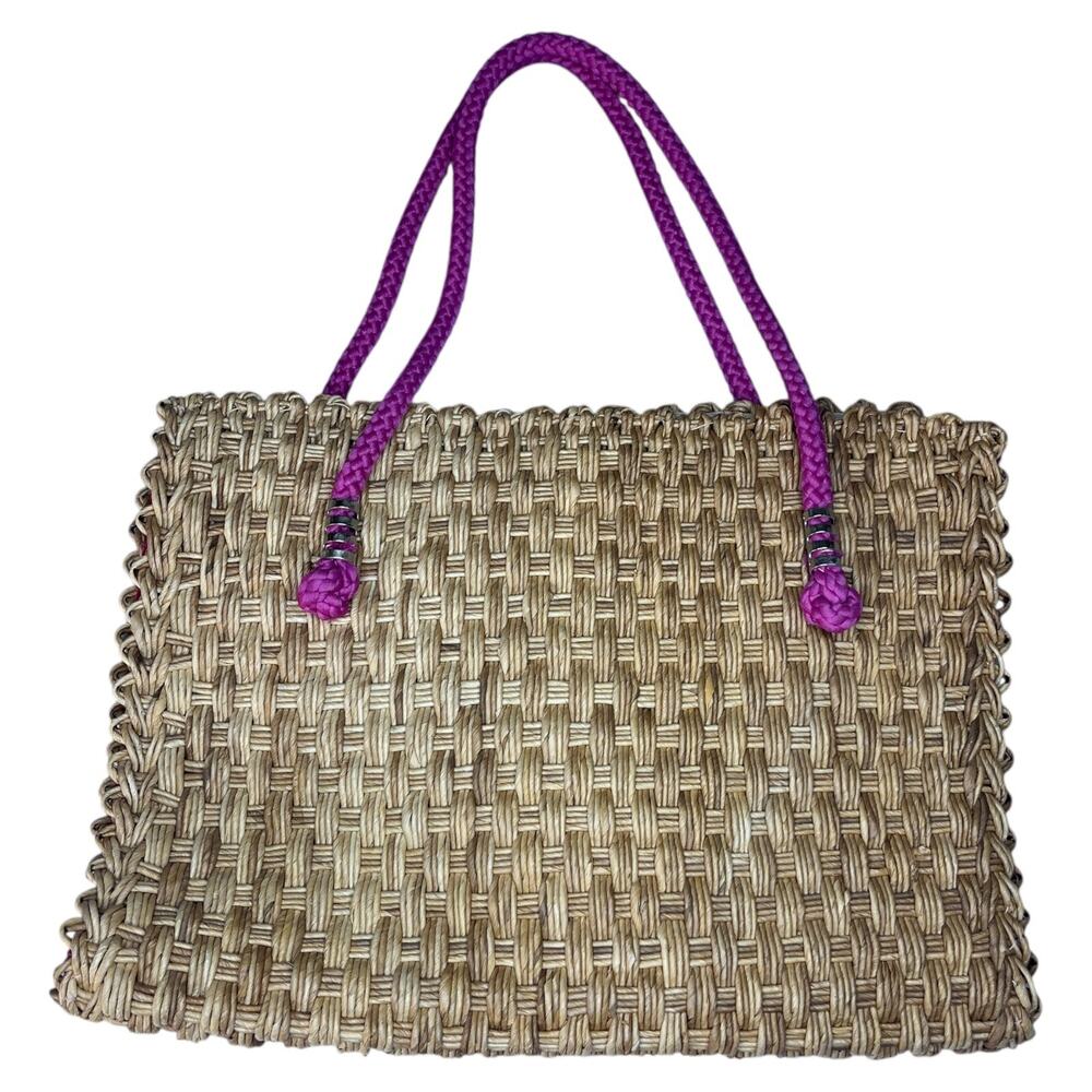 Vintage Magid Straw Wicker Woven Tote Bag Magenta Strap Beach Made in Italy